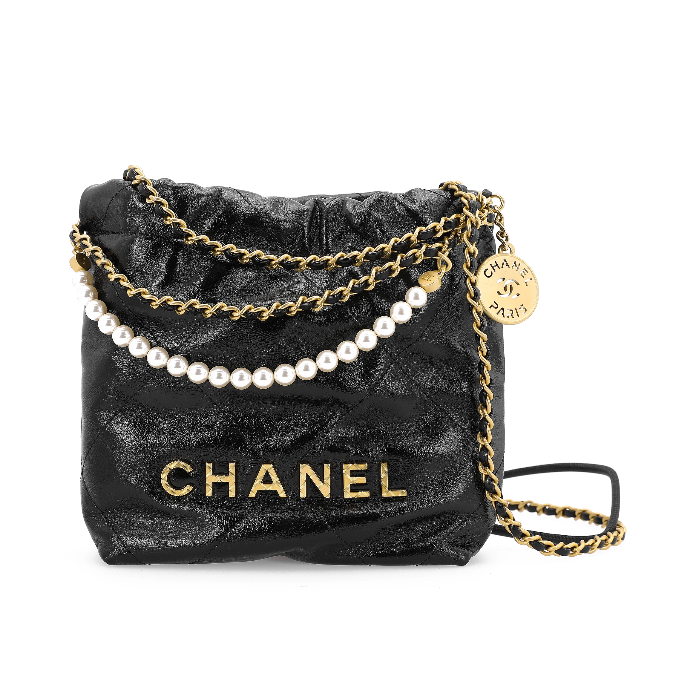 商品[国内直发] Chanel|香奈儿 22bag 抽绳开合珍珠链链条闪亮皱纹 小牛皮 水桶包单肩斜挎包 迷你 女款 黑色,价格¥48171,第1张图片