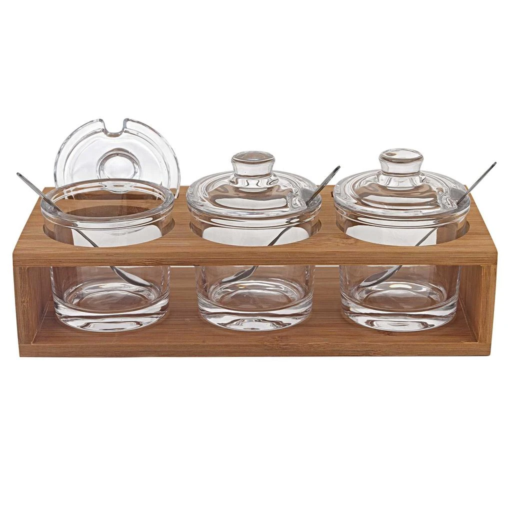 商品Homezia|6 Mouth Blown Crystal Jam Set With 3 Glass Jars And Spoons On A Wood Stand,价格¥629,第1张图片