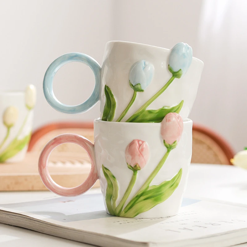 商品[国内直发] YeeCollene|ins高颜值郁金香马克杯小众设计感陶瓷杯子女生家用喝水杯咖啡杯,价格¥75,第1张图片