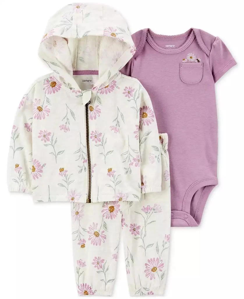 商品Carter's|Baby Girls Cotton Floral-Print Little Hooded Jacket, Bodysuit & Pants, 3 Piece Set,价格¥222,第1张图片