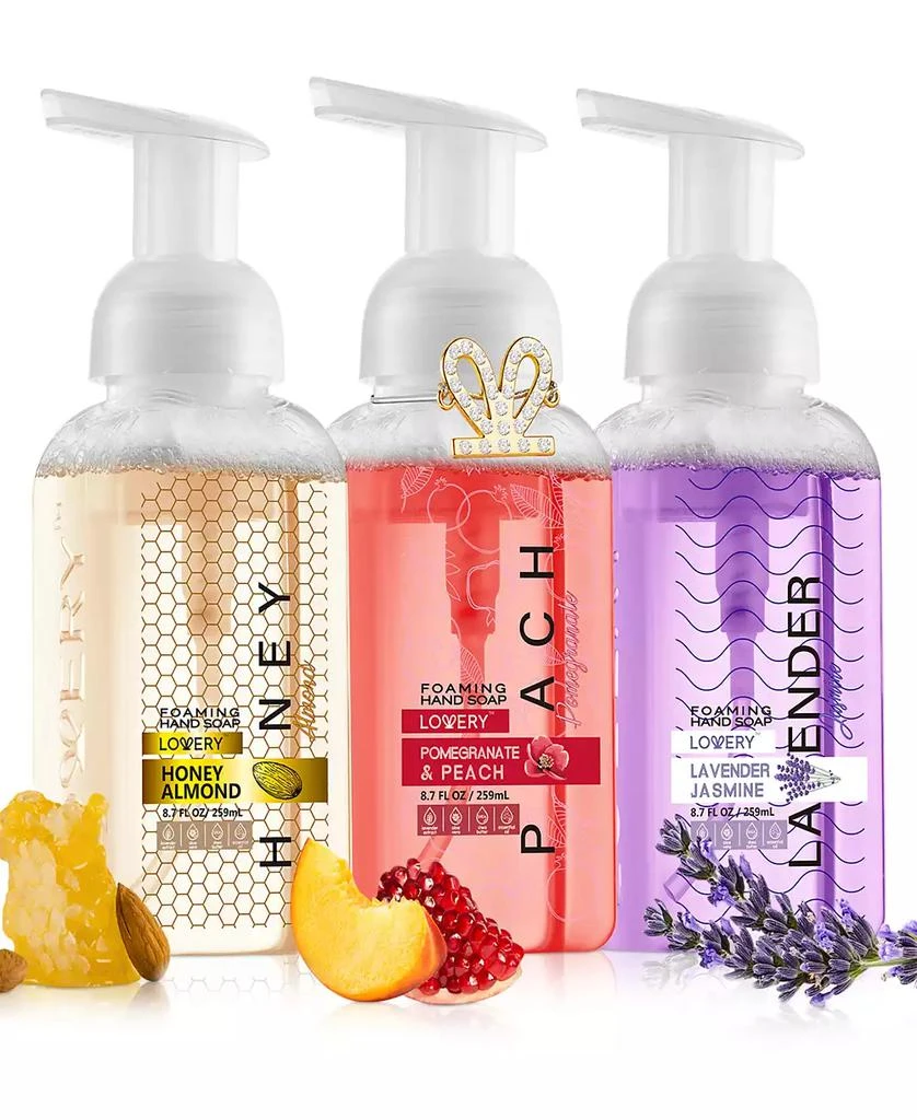 商品Lovery|Hand Foaming Soap in Honey Almond, Pomegranate Peach, Lavender Jasmin Moisturizing Hand Soap With Flawless Crystal Heart Bracelet - Hand Wash Set, 4 Piece,价格¥205,第1张图片