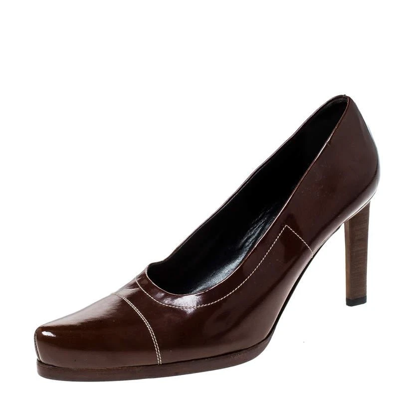 商品[二手商品] Prada|Prada Brown Patent Leather Pointed Toe Pumps Size 38,价格¥2120,第1张图片