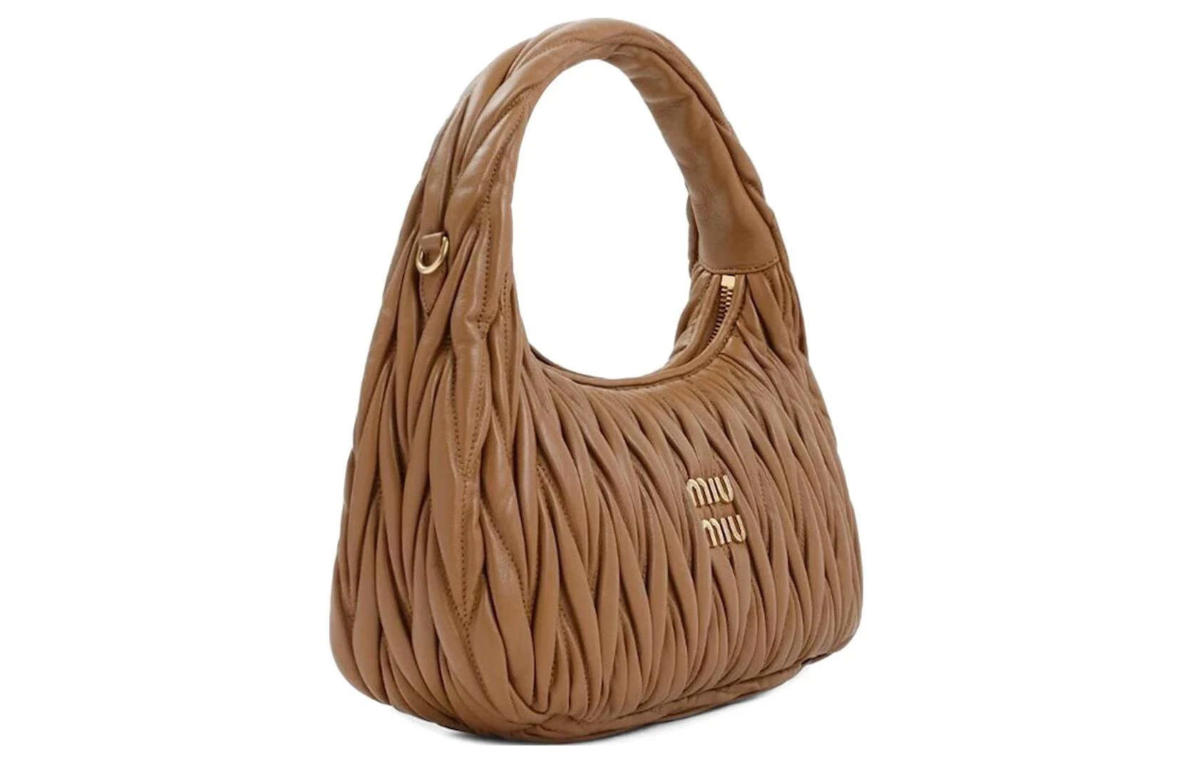 商品[国内直发] Miu Miu|缪缪 Wander系列 金属刻字徽标提花凸纹 软羊革 Hobo包腋下包单肩斜挎手提包 常规 女款 焦糖色,价格¥18031,第3张图片详细描述