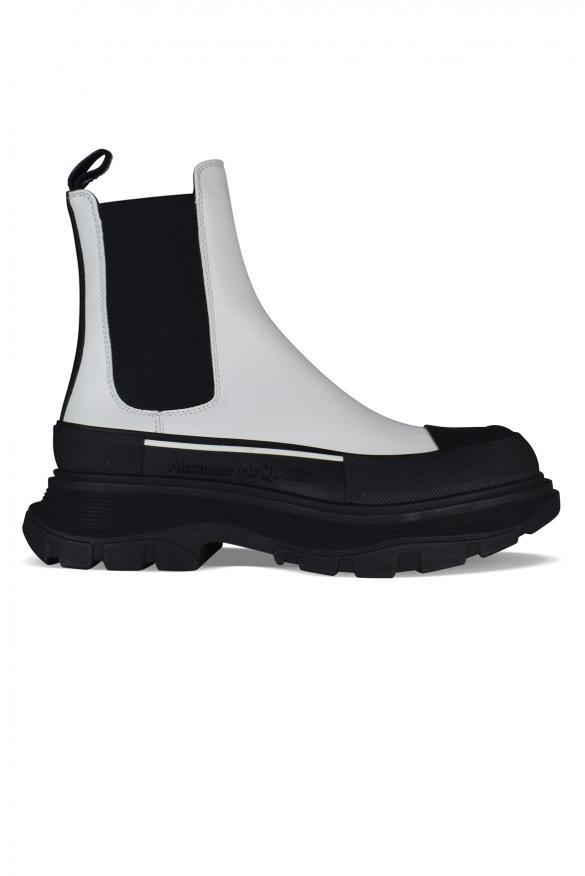 商品Alexander McQueen|Women's Luxury Ankle Boots   Alexander Mc Queen Tread Slick White And Black Leather Ankle Boots,价格¥3838,第1张图片