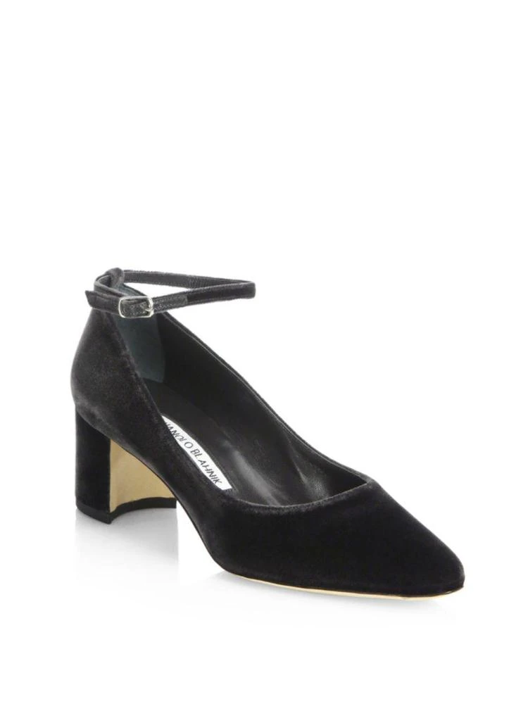 商品Manolo Blahnik|Listony Strap 50 Velvet Block Heel Pumps,价格¥1653,第1张图片