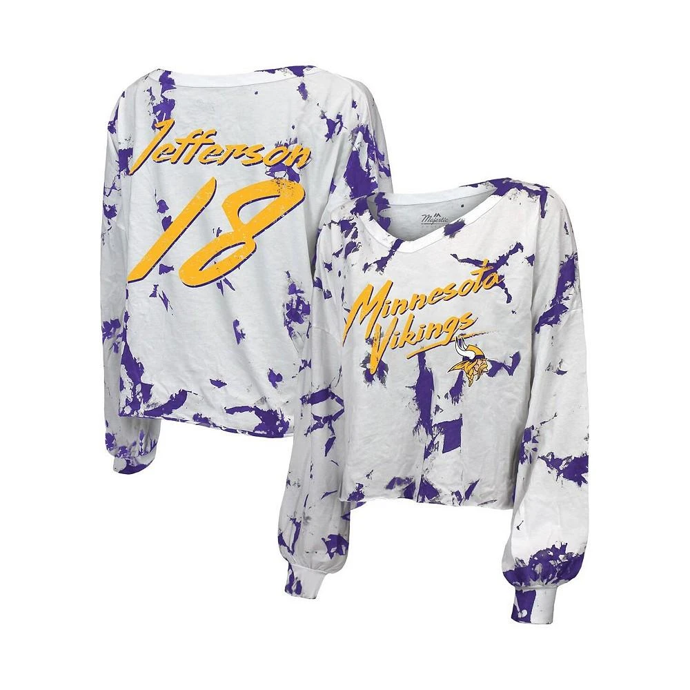 商品Majestic|Women's Threads Justin Jefferson White Minnesota Vikings Off-Shoulder Tie-Dye Name and Number Long Sleeve V-Neck Crop-Top T-shirt,价格¥447,第1张图片