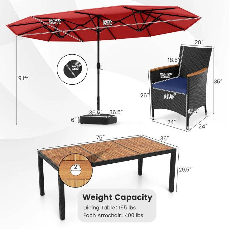 商品Hivvago|10 Piece Outdoor Patio Dining Set with 15 Feet Double-Sided Twin Umbrella,价格¥8178,第4张图片详细描述