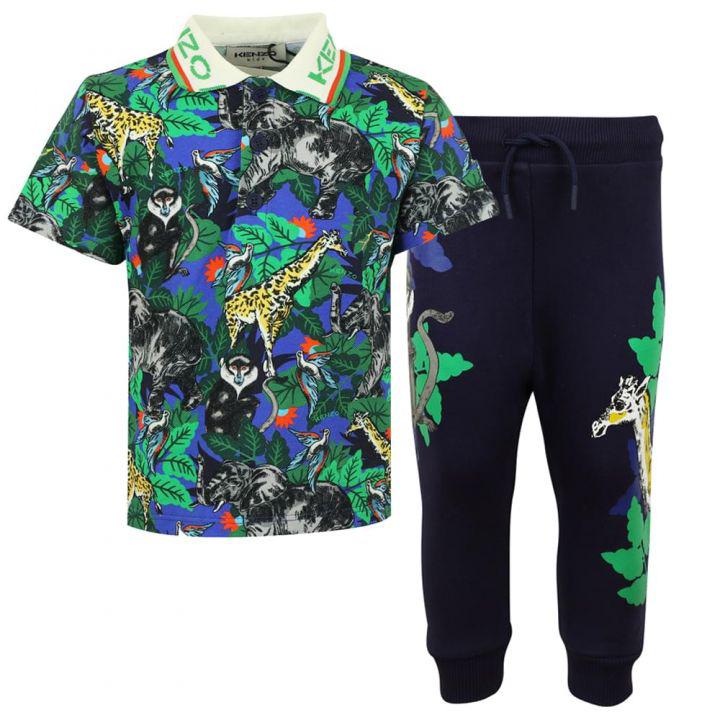 Dark Blue Jungle Pattern Polo Shirt & Trousers Set商品第1张图片规格展示