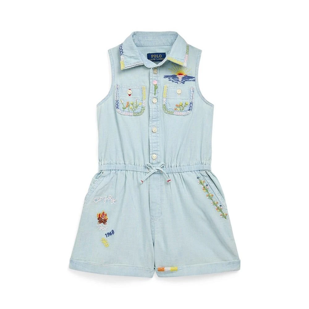 商品Ralph Lauren|Toddler and Little Girls Embroidered Cotton Chambray Romper,价格¥299,第1张图片