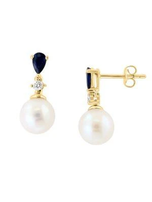 商品Effy|14K Yellow Gold, 8MM Freshwater Pearl & Multi Stone Drop Earrings,价格¥5512,第1张图片