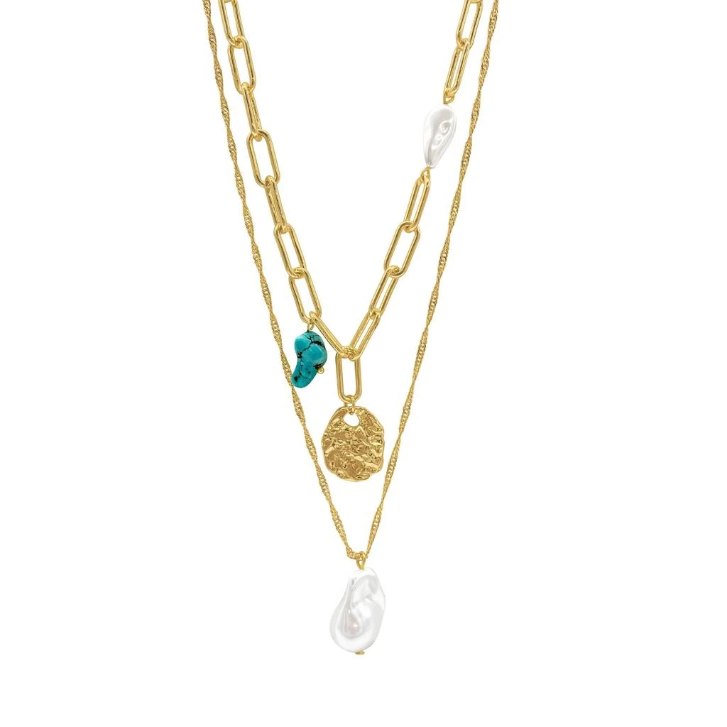 商品ADORNIA|14k Gold Plated Pearl and Turquoise Stone Pendants Layered Necklace,价格¥177,第1张图片