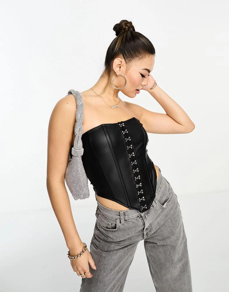 商品ASOS|ASOS DESIGN leather look corset bustier with hook and eye detail in black,价格¥167,第1张图片