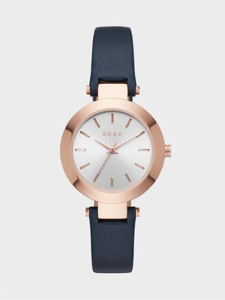 商品DKNY|Stanhope Rose Gold-Tone And Navy Leather Three-Hand Watch,价格¥877,第2张图片详细描述