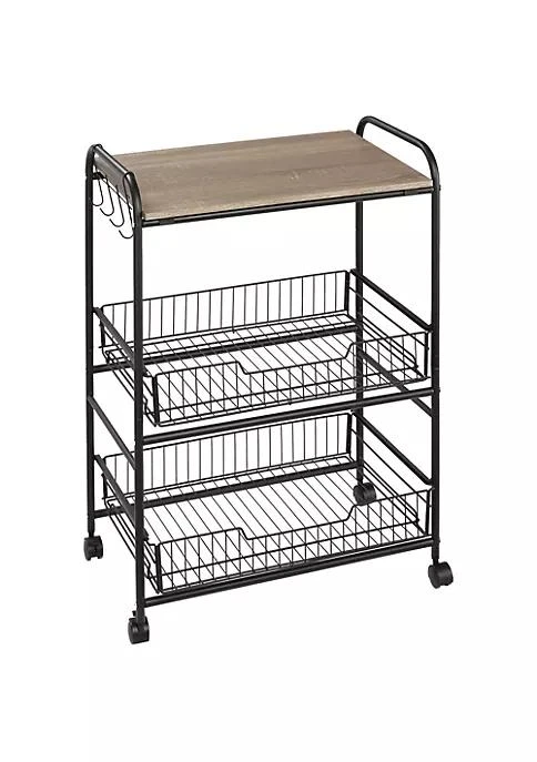 商品belk|24 3 Tier Rolling Kitchen Cart Utility Storage Trolley With 2 Basket Drawers Side Hooks For Dining Room And Kitchen Oak Wood Tone,价格¥517,第1张图片