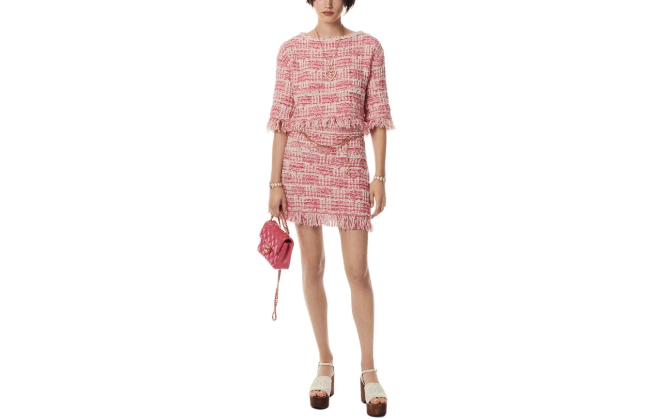 商品[国内直发] Chanel|香奈儿 24春夏新品 拼色圆领套头短袖针织衫 女款 粉红色,价格¥23416,第1张图片