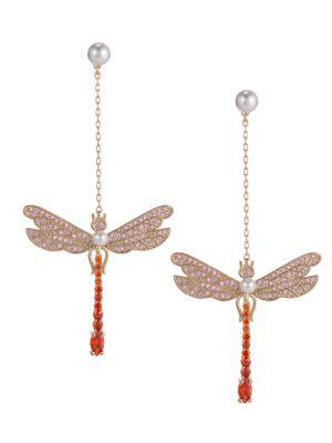 Luxe Faux Pearl & Crystal Dragonfly Drop Earrings商品第1张图片规格展示