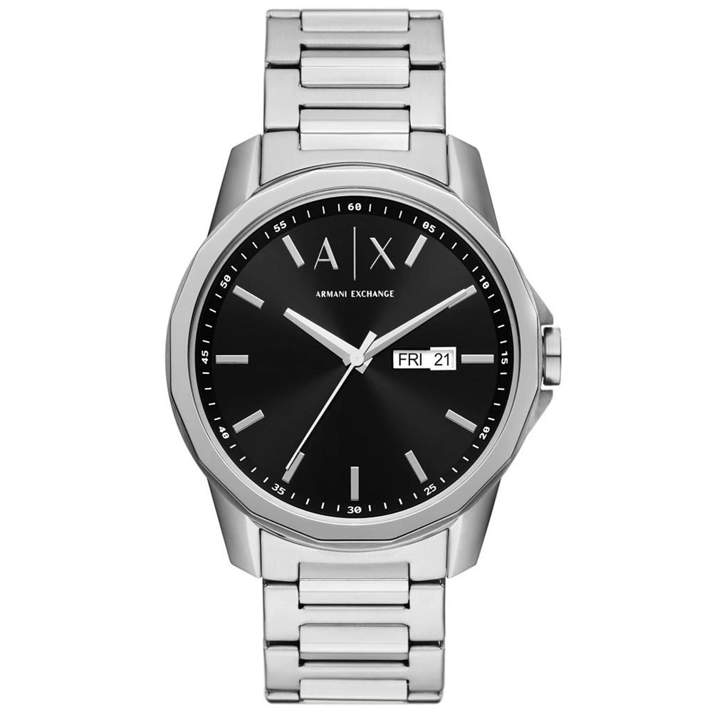 商品Armani Exchange|Men's Three-Hand Day-Date Silver-Tone Stainless Steel Bracelet Watch, 44mm,价格¥958,第1张图片