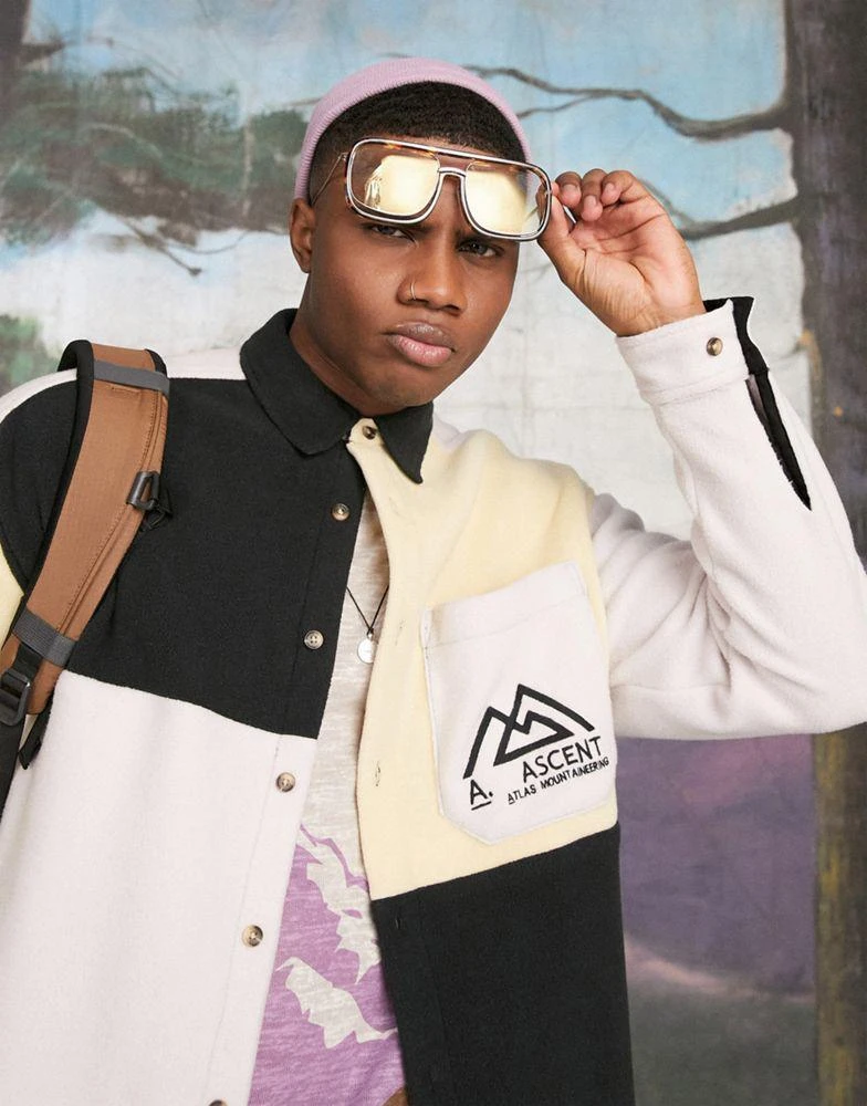 商品ASOS|ASOS DESIGN 90s oversized shirt in colour block fleece with summit studios logo,价格¥117,第1张图片