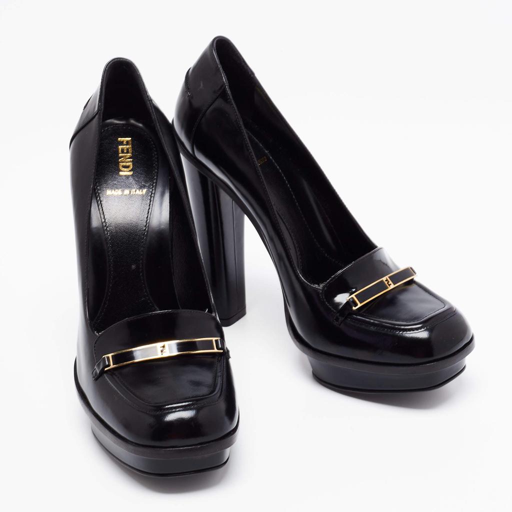 Fendi Black Glossy Leather FF Loafer Platform Pumps Size 38.5商品第4张图片规格展示