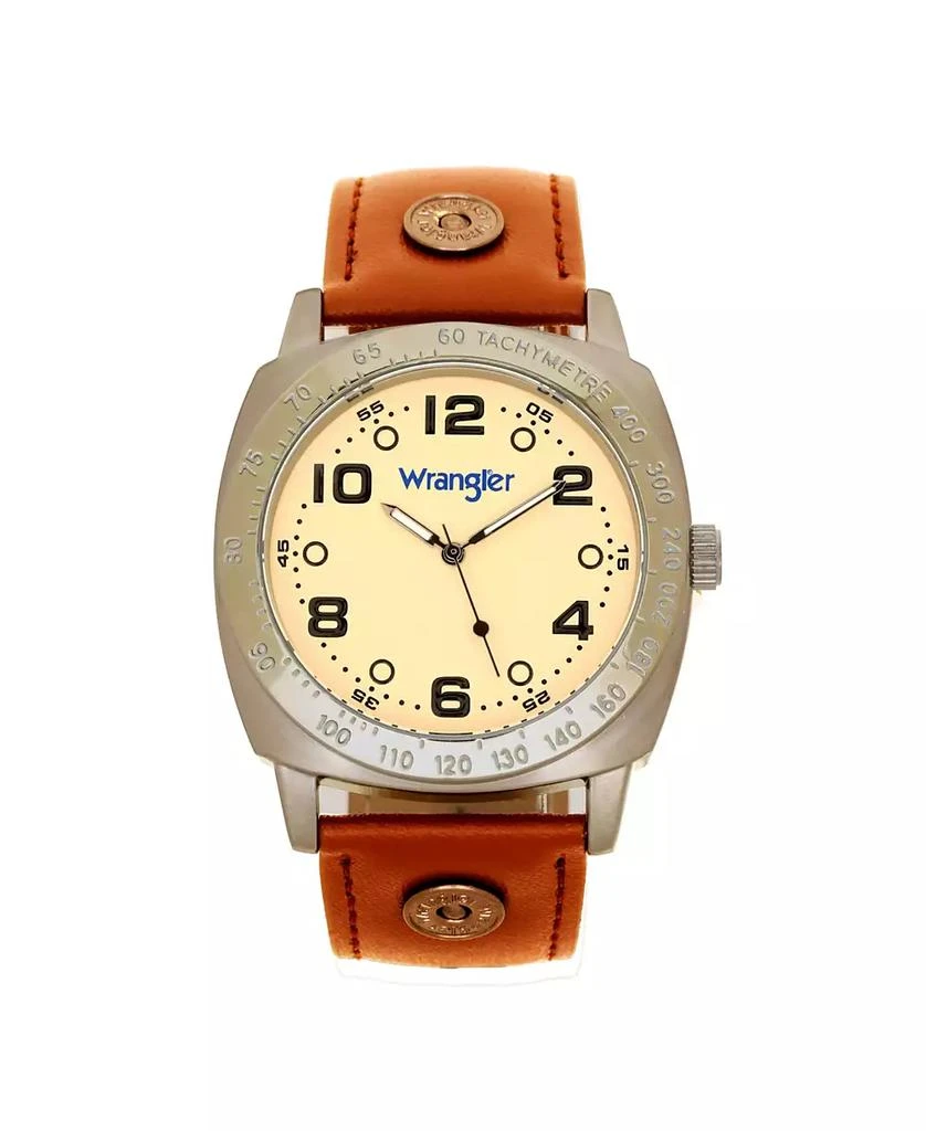 商品Wrangler|Men's Watch, 44MM IP Grey Cushion Shaped Case, Beige Dial with Black Arabic Numerals, Brown Strap Rivets, Second Hand,价格¥274,第1张图片