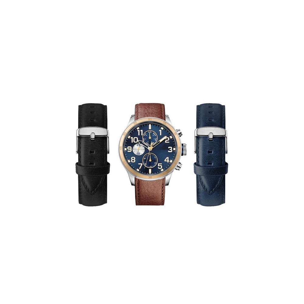 Men's Dial Quartz Brown Leather Strap Watch with Interchangeable Straps, Set of 3商品第1张图片规格展示