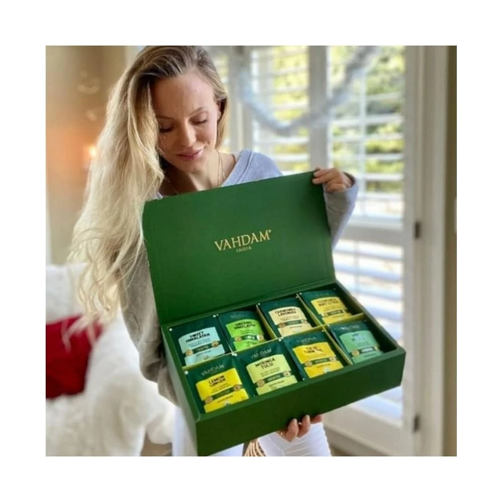 商品Vahdam Teas|Green Tea Variety Sampler Gift Set, 80 Long Leaf Pyramid Tea Bags,价格¥374,第4张图片详细描述
