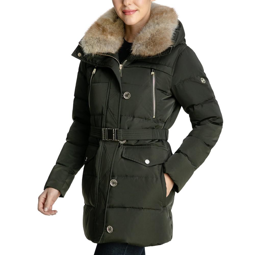 Petite Belted Faux-Fur-Collar Down Puffer Coat, Created for Macy's商品第3张图片规格展示