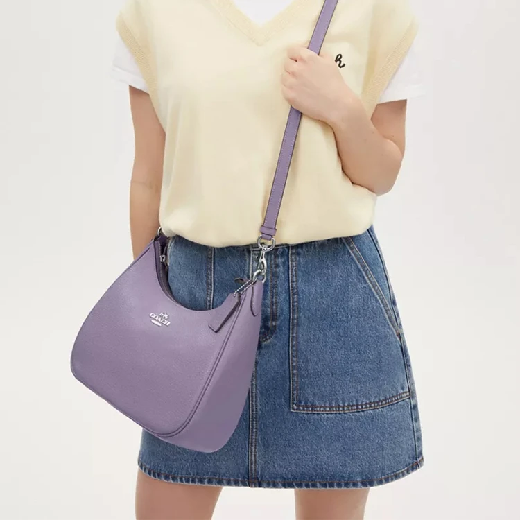商品[国内直发] Coach|蔻驰 Hobo 29 纯色字母徽标Logo铭牌拉链开合 鹅卵石纹皮革 流浪包腋下包手提斜挎单肩包 大号 女款 银色拼浅紫色,价格¥2164,第5张图片详细描述