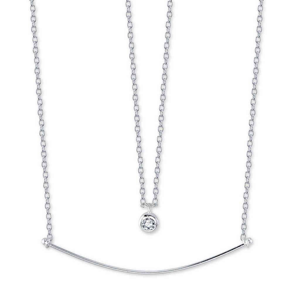 Cubic Zirconia Pendant & Curved Bar Layered Necklace in Sterling Silver, 16" + 2" extender商品第1张图片规格展示