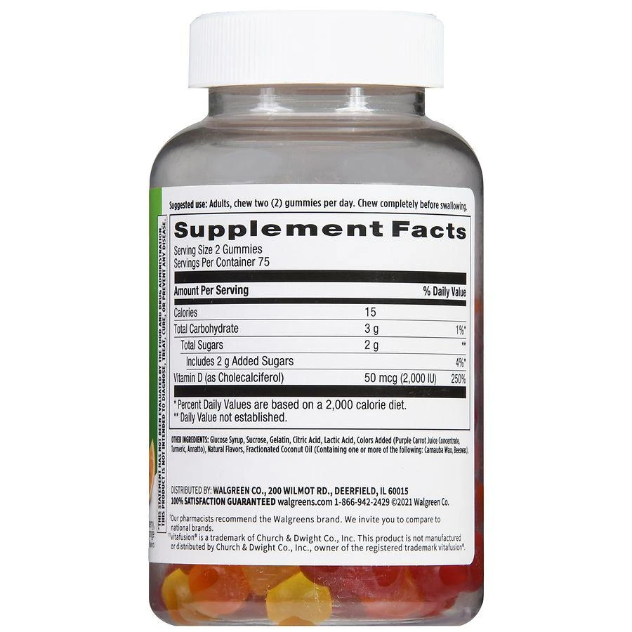 商品Walgreens|Vitamin D3 50 mcg (2000 IU) Gummies (150 days) Natural Strawberry, Lemon and Orange,价格¥100,第3张图片详细描述