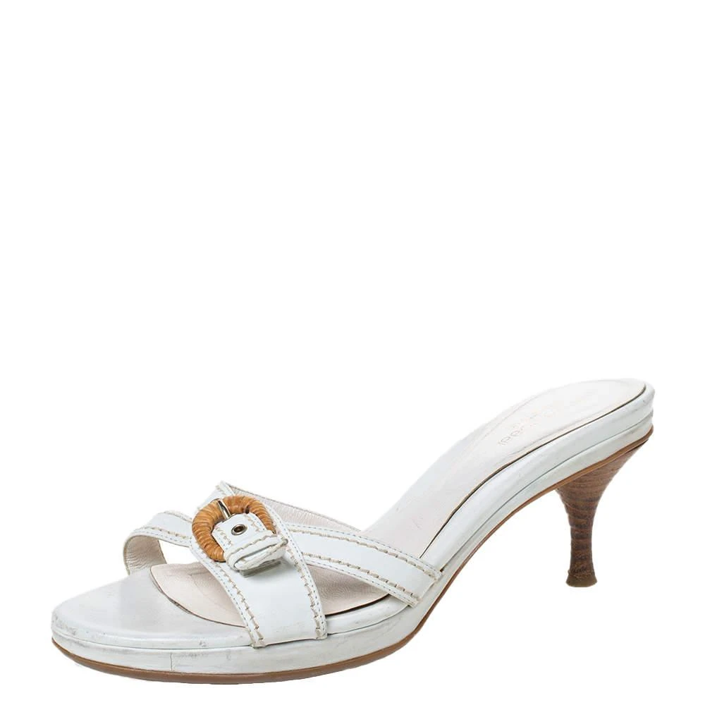 商品[二手商品] Sergio Rossi|Sergio Rossi White Leather Buckle Detail Platform Slide Sandals Size 39.5,价格¥1116,第1张图片