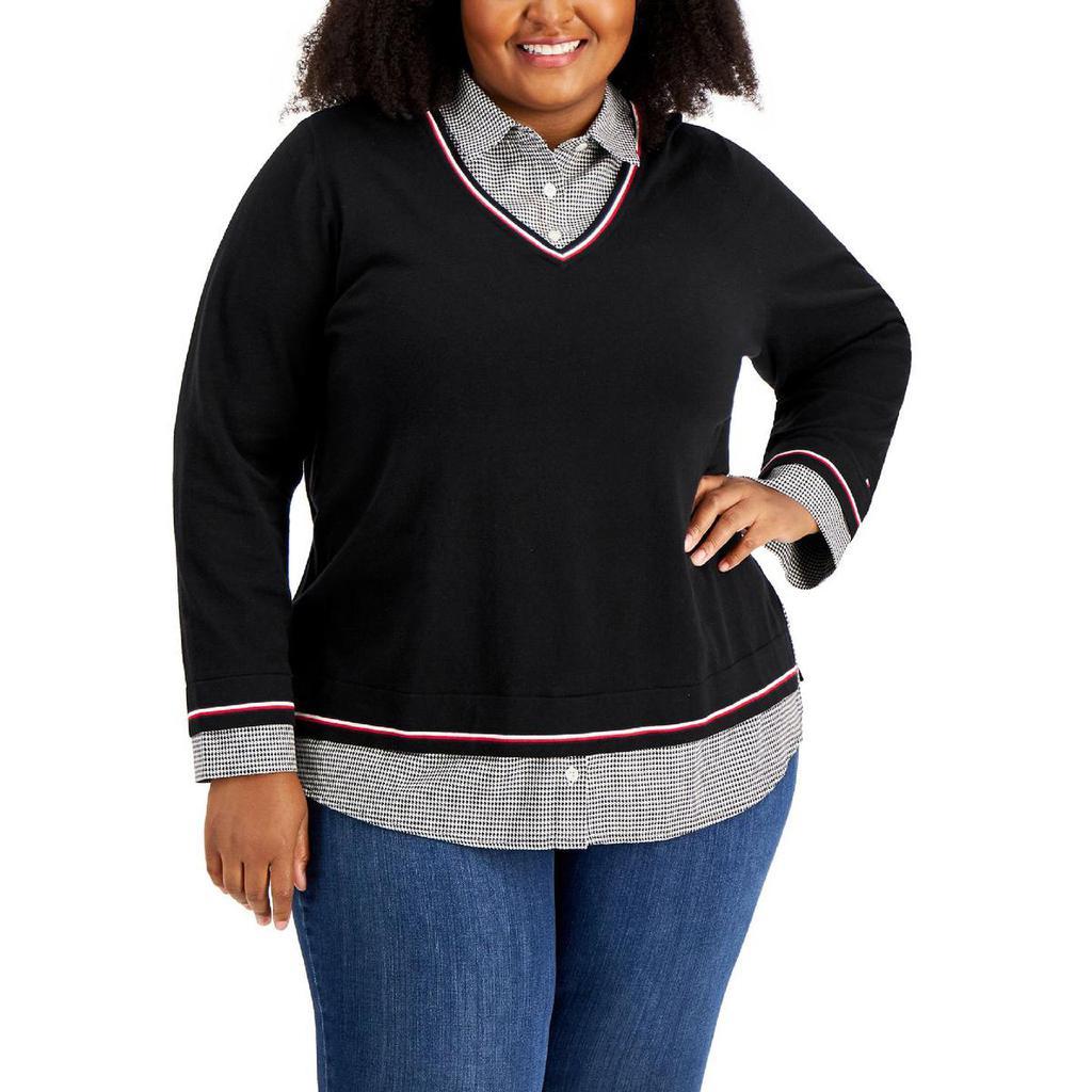 商品Tommy Hilfiger|Tommy Hilfiger Womens Plus Layered Look V-Neck Pullover Sweater,价格¥338,第1张图片