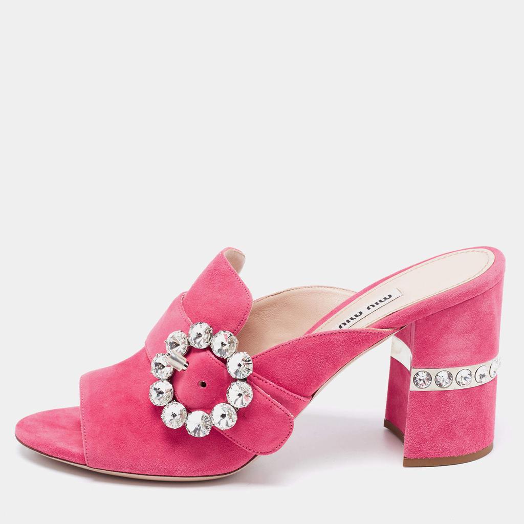 商品[二手商品] Miu Miu|Miu Miu Pink Suede Crystals Embellished Slide Sandals Size 37,价格¥1860,第1张图片