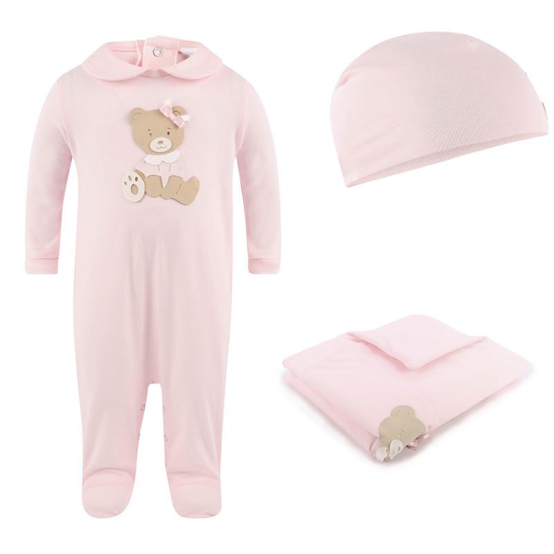 Teddy applique onesie baby cap and blanket set in pink商品第1张图片规格展示