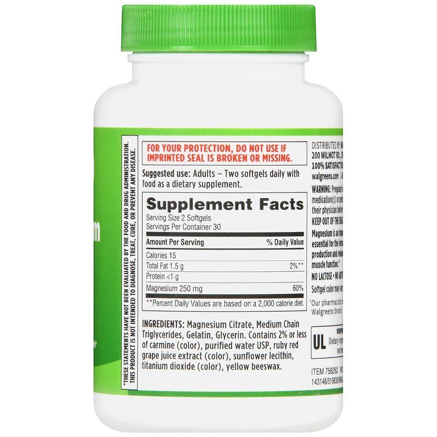 商品Walgreens|Higher Absorption Magnesium Citrate 250 mg Softgels (60 days),价格¥83,第4张图片详细描述