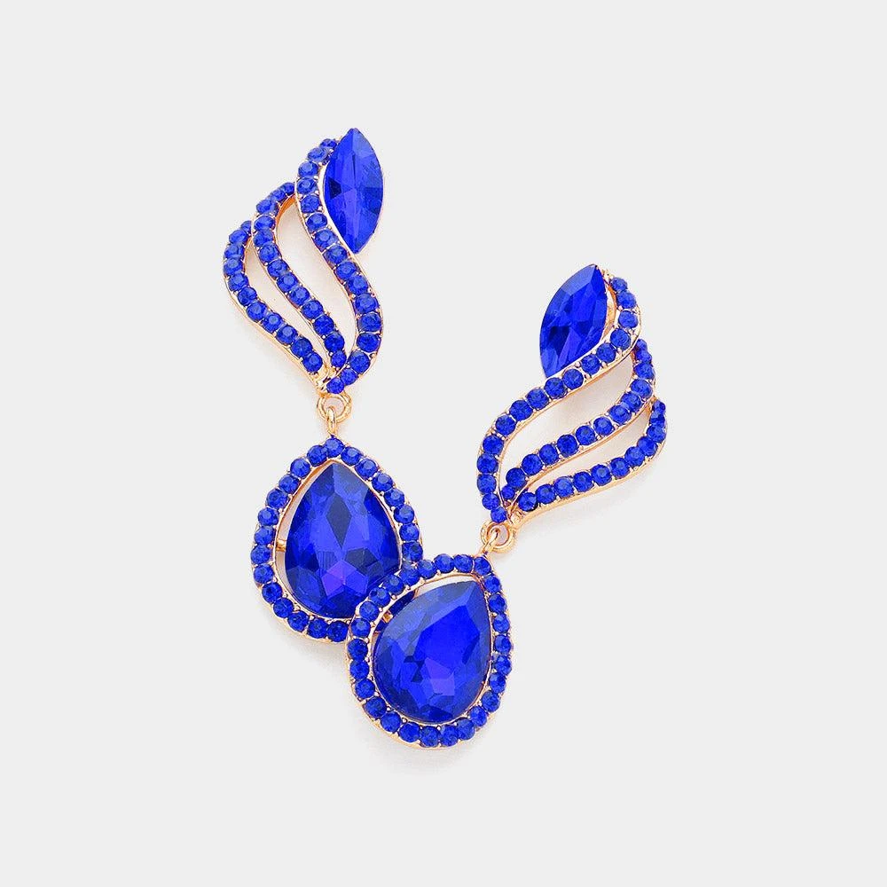 商品FASHNZFAB|Teardrop Stone Pointed Rhinestone Paved Dangle Evening Earrings - Sapphire,价格¥199,第1张图片详细描述