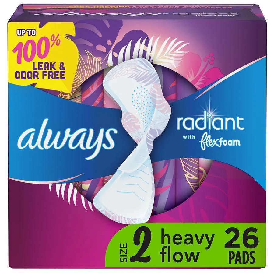 Radiant Feminine Pads For Women, Heavy, With Wings Light Clean, Size 2 (26 ct)