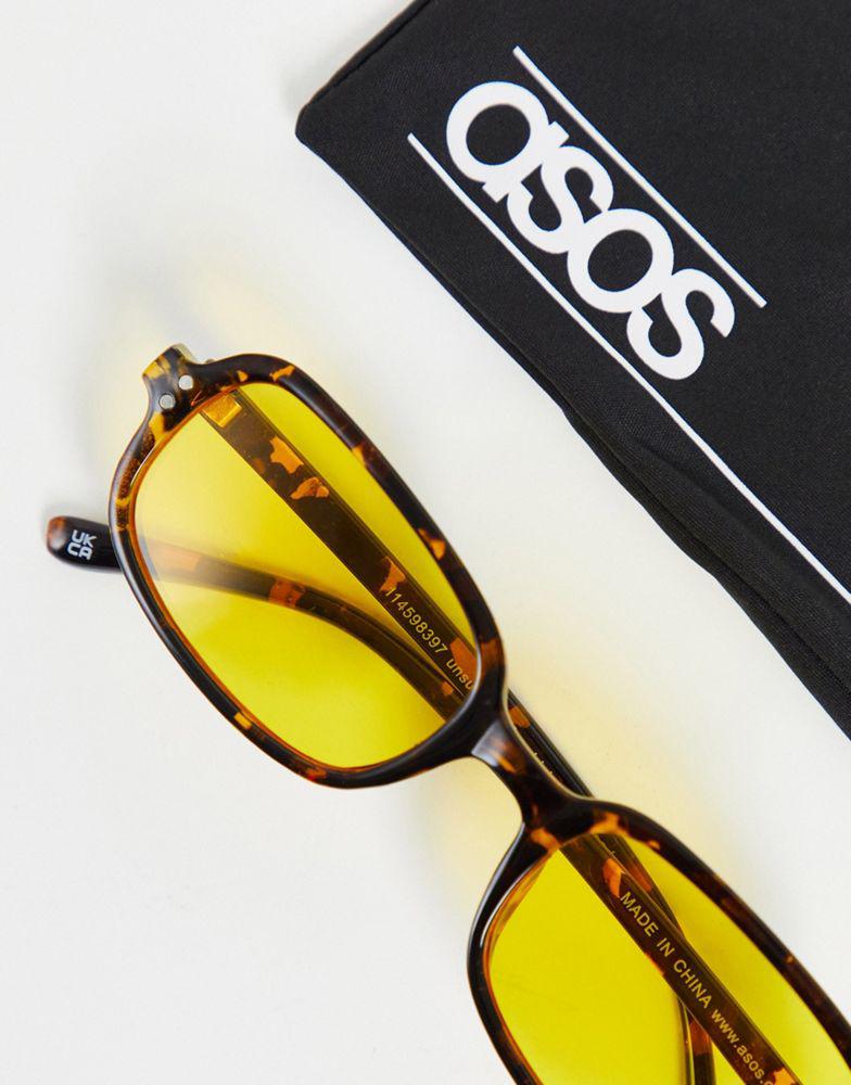 ASOS DESIGN retro rectangle sunglasses with yellow lens in brown tortoiseshell - BROWN商品第4张图片规格展示
