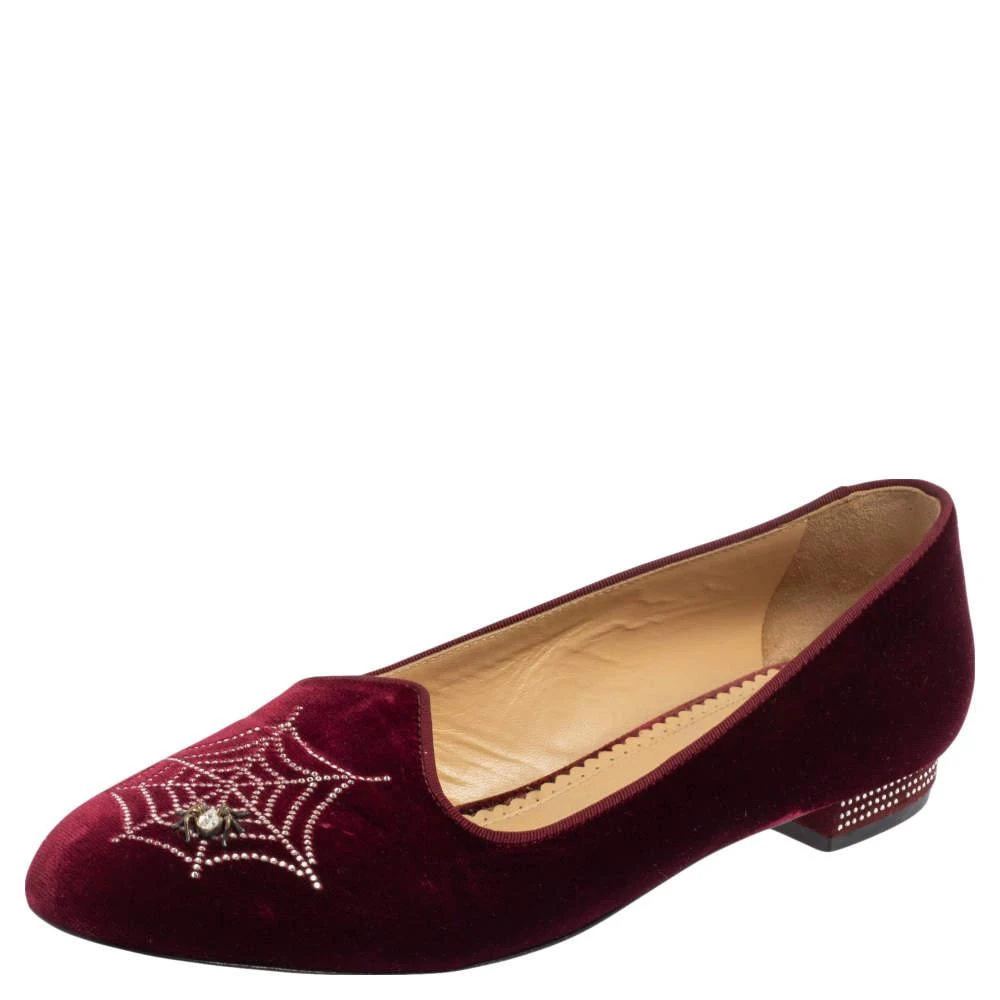 商品[二手商品] Charlotte Olympia|Charlotte Olympia Burgundy Velvet Spider Embellished Smoking Loafers Size 39,价格¥975,第1张图片