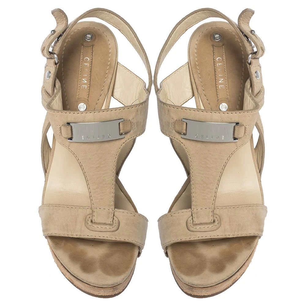 商品[二手商品] Celine|Céline Beige Leather T-Strap Wedge Platform Slingback Sandals Size 37.5,价格¥808,第3张图片详细描述