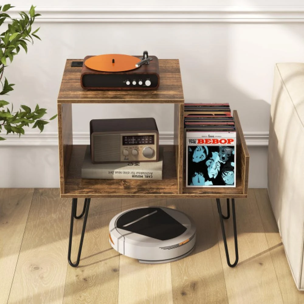 商品Hivvago|Mid-century Record Player Stand with Power Outlet and Vinyl Divider-Rustic Brown,价格¥593,第1张图片