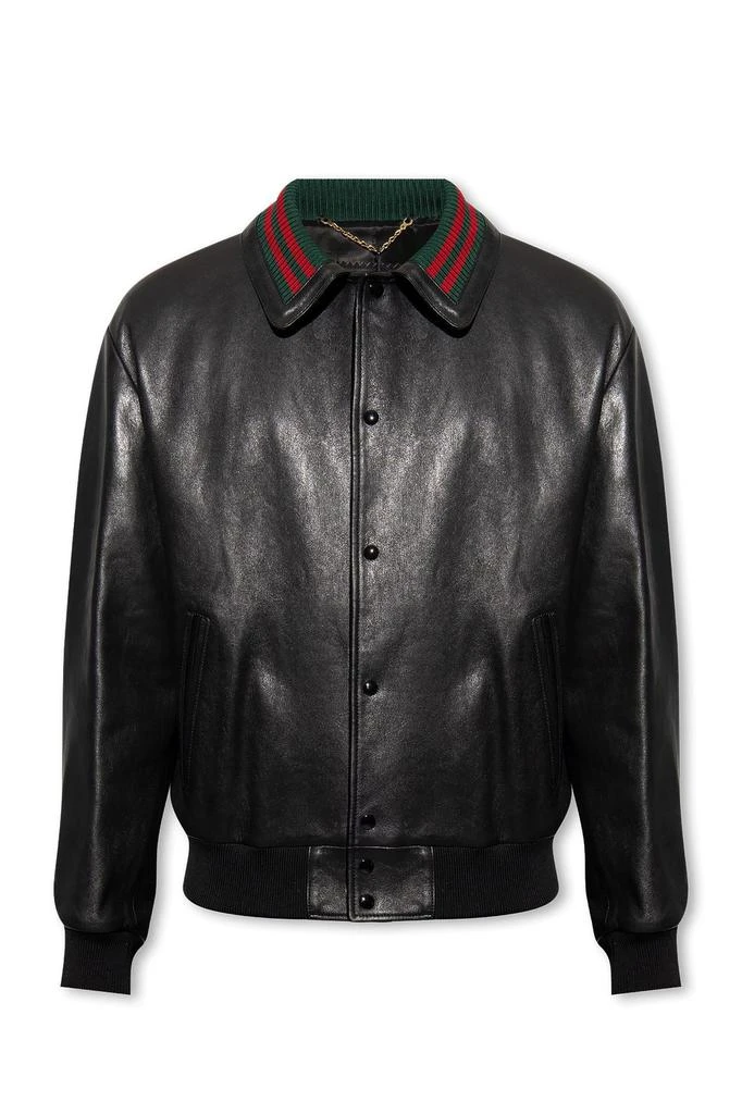 商品Gucci|Gucci Web Striped Detail Leather Bomber Jacket,价格¥24552,第1张图片