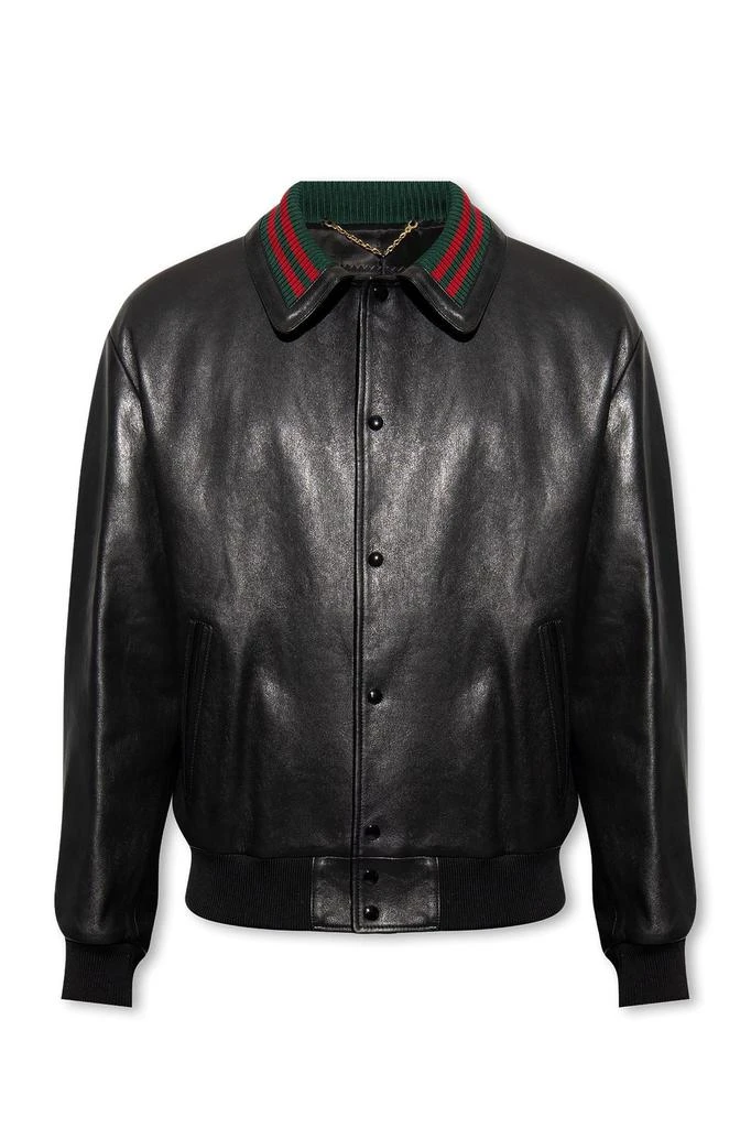 商品Gucci|Gucci Web Striped Detail Leather Bomber Jacket,价格¥23371,第1张图片