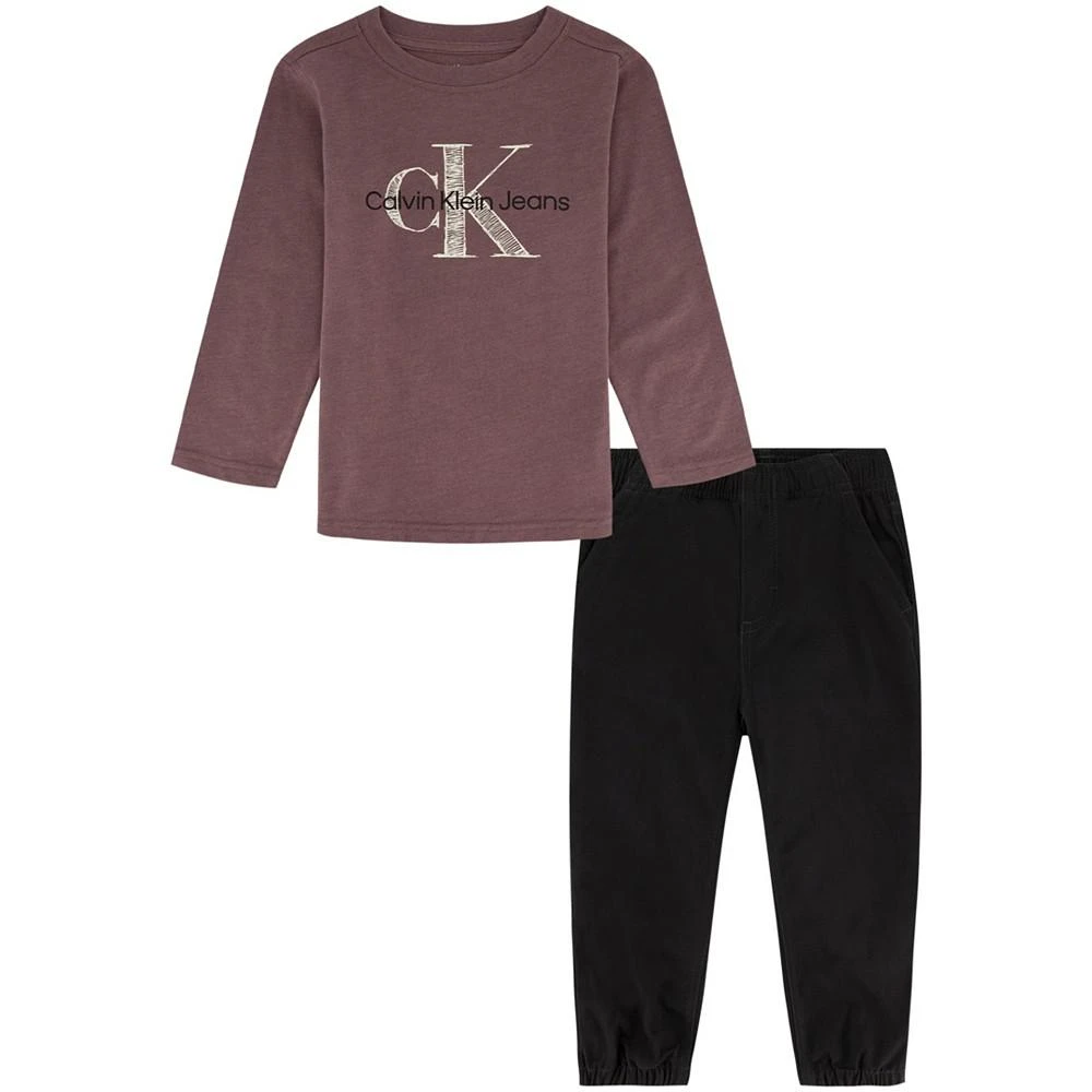 商品Calvin Klein|Little Boys Classic Logo Long Sleeve Jersey T-shirt and Twill Joggers, 2 Piece Set,价格¥404,第1张图片