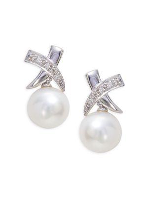 14K White Gold, 8.5MM Freshwater Pearl & Diamond Earrings商品第1张图片规格展示