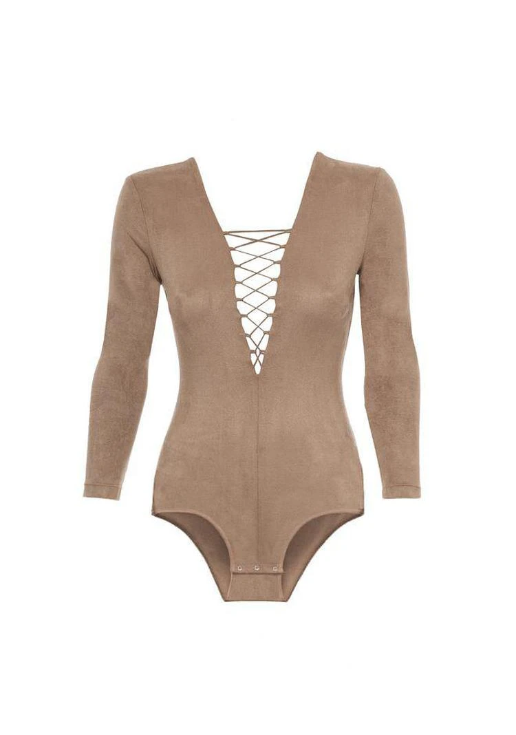 商品Alexander Wang|STRETCH FAUX SUEDE LONG SLEEVE LACE-UP BODYSUIT,价格¥1462,第2张图片详细描述