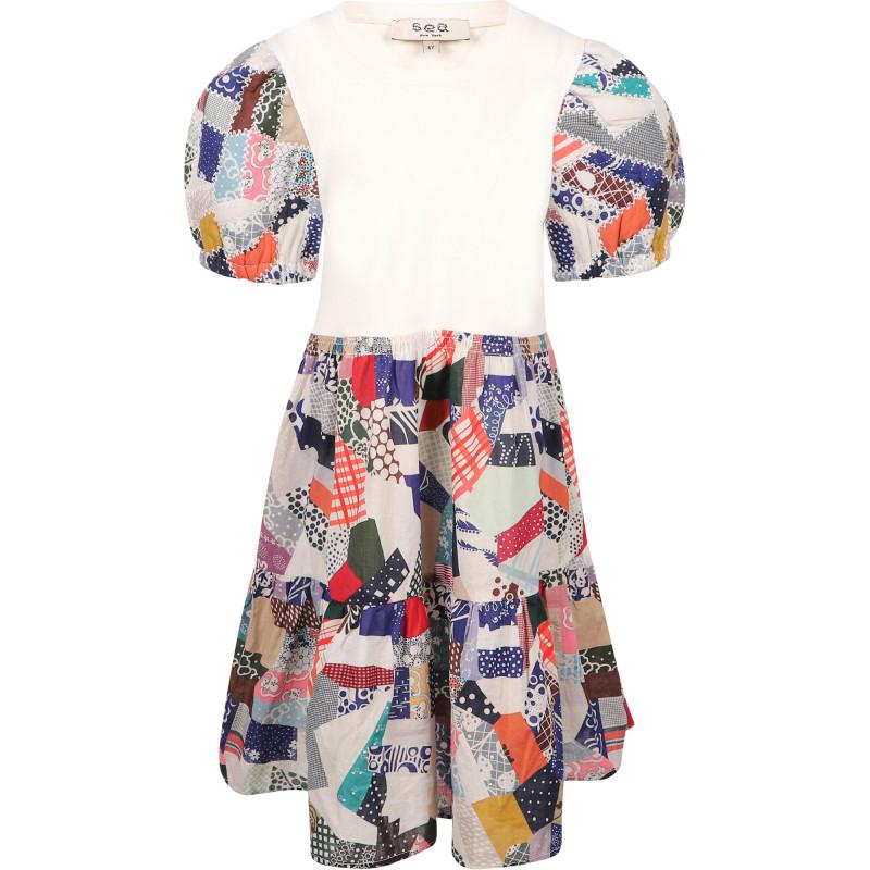 Patchwork print colorful combo dress with puffed sleeves商品第1张图片规格展示