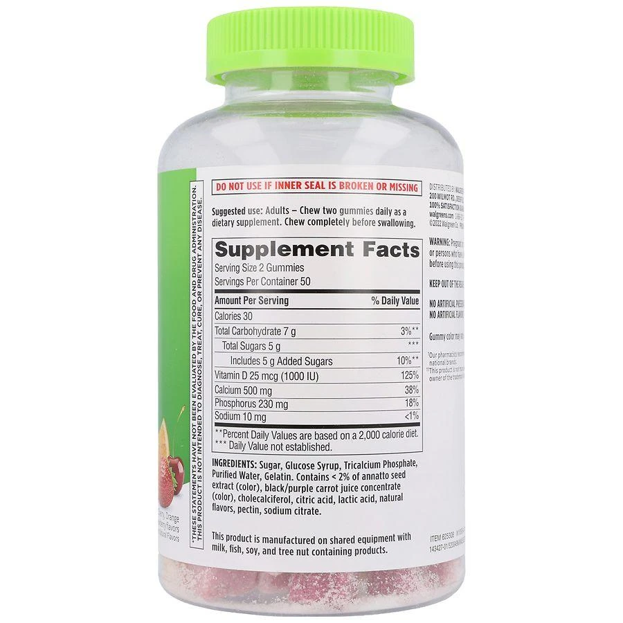 商品Walgreens|Calcium 500 mg + Vitamin D 25 mcg (1000 IU) Gummies Natural Cherry, Orange & Strawberry,价格¥97,第3张图片详细描述