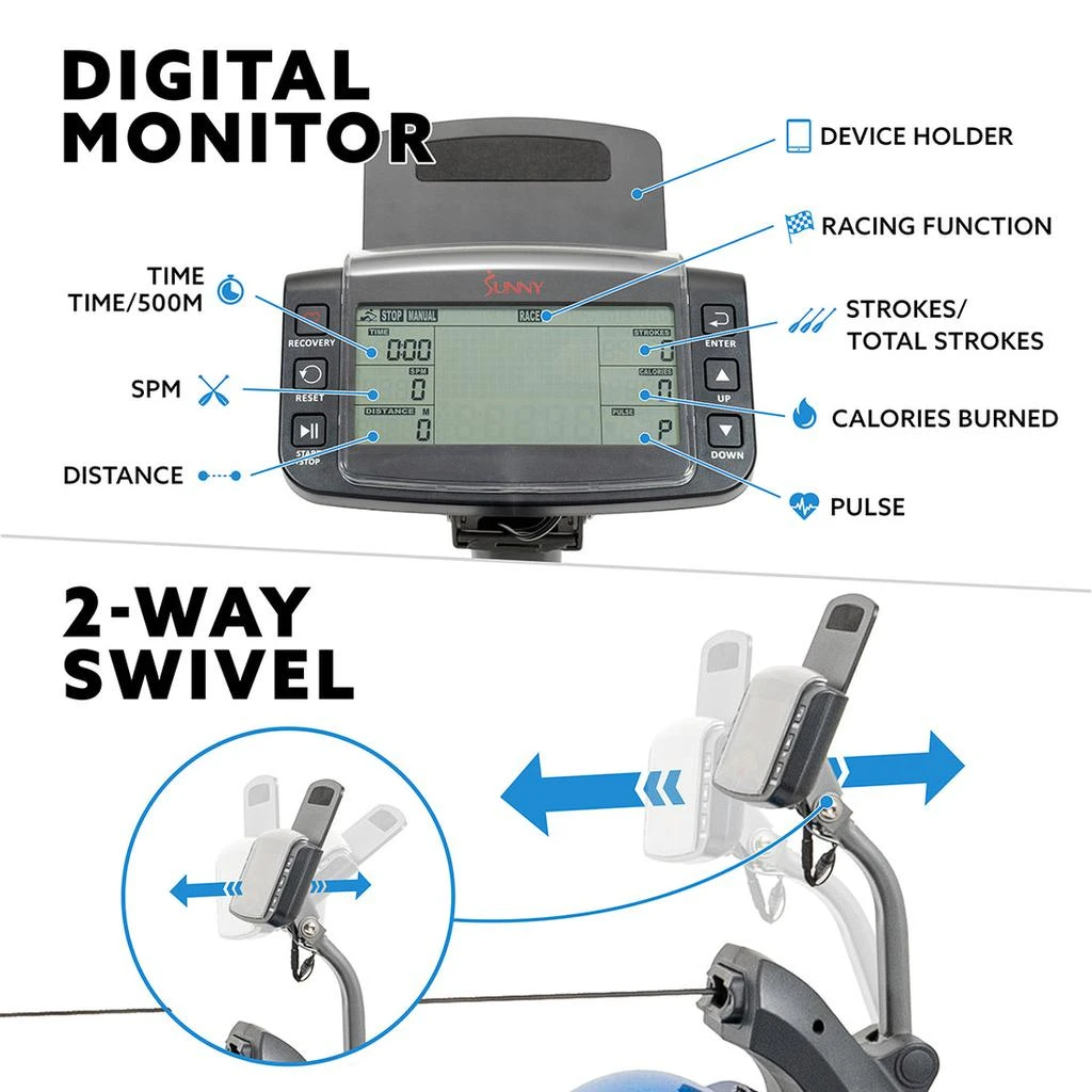 商品Sunny Health & Fitness|Sunny Health & Fitness Hydro+ Dual Resistance Magnetic Water Rowing Machine,价格¥3573,第5张图片详细描述