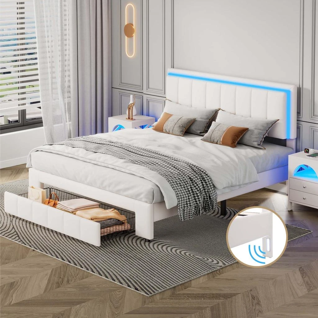 商品Simplie Fun|Upholstered Platform Bed with LED Lights and Two Motion Activated Night Lights,价格¥3030,第1张图片